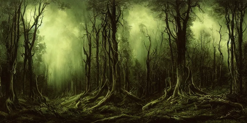 Image similar to dark gothic fantasy forest artwork by eugene von guerard