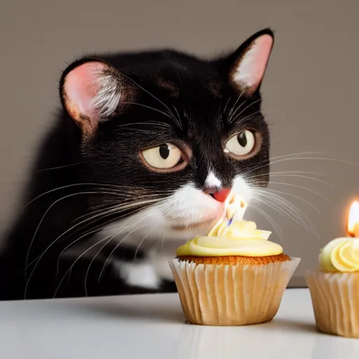 Image similar to a cute cat blowing out a candle on a cupcake