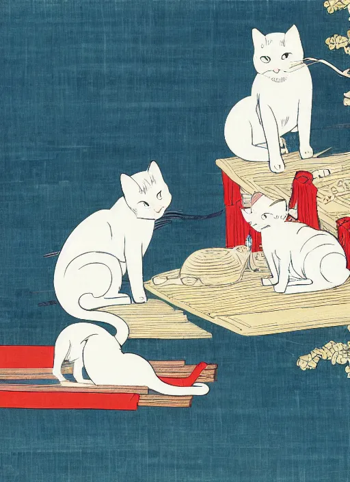 Image similar to whitecat with 2 baby white cats of utagawa hiroshige, digital painting 4 k uhd image, highly detailed