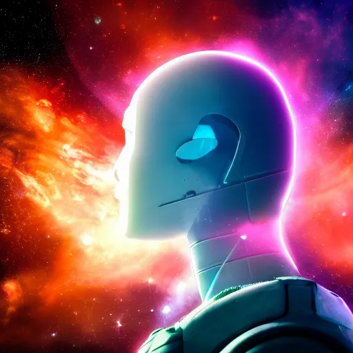 Prompt: 4k photo of a giant cyberpunk android head floating in outer space backlit by a vivid nebula