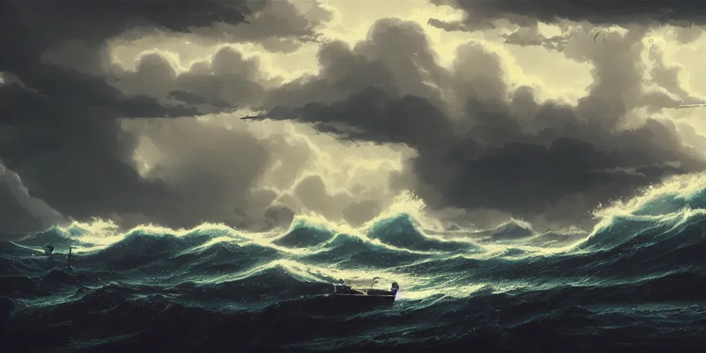 Image similar to A fishing boat struggles in a stormy sea, an intense storm blacks out the sky, fork lightning, dark and epic, film still, ultra wide angle, Greg Rutkowski and Studio Ghibli