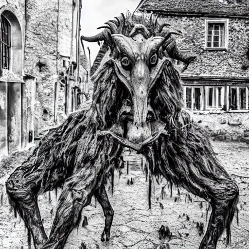 Image similar to horror, moody, still from film, daytime, muddy village square, wide shot, screeching mutant goat monster, powerful and huge, creeping on legs with hands where feet should be, mouth crammed full of filthy jagged teeth, matted brown fur, in muddy medieval village square