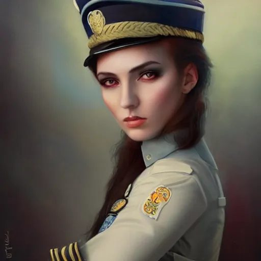 Image similar to gorgeous russian woman in police uniform by tom bagshaw, jeremiah ketner, soft lighting, solid background,