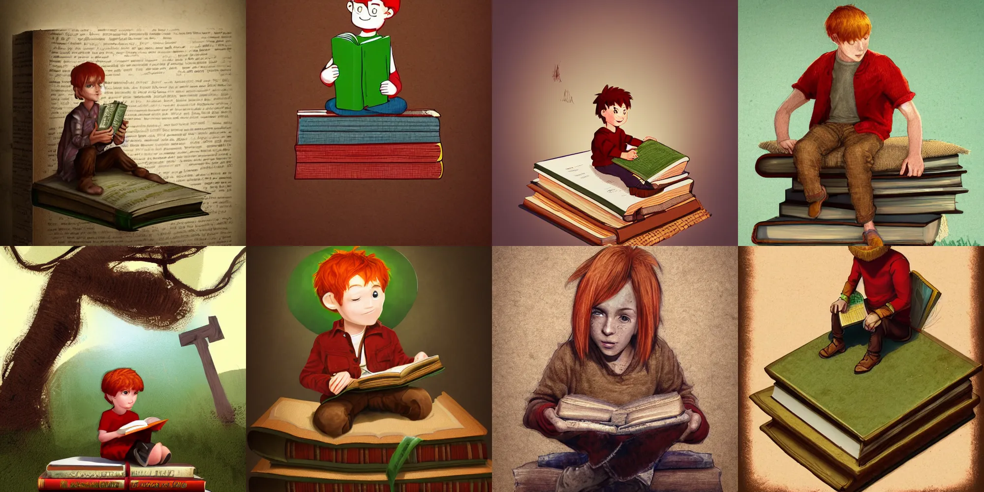 Prompt: diminutive young man sitting on a huge book. The man is red haired and is wearing burlap clothes. The book is closed, with a green cover, it is far larger than the man and rests on a table. Digital detailed art trending in Artstation.