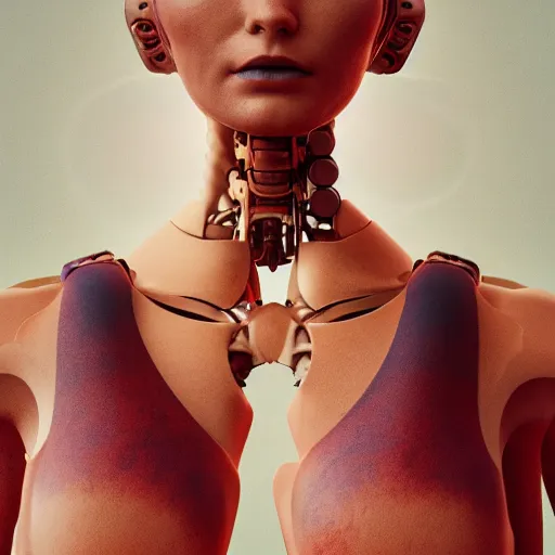 Prompt: beautiful Fine art photography of a solarpunk part robot part human girl with real human face and real abdomen, white background, highly detailed, medium shot, photorealism, sun lighting 8k