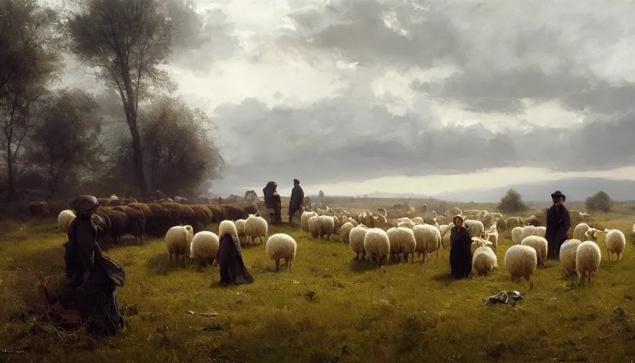 Prompt: simple amish shepherds with flocks of sheep in open fields, art by anders zorn, wonderful masterpiece by greg rutkowski, beautiful cinematic light, american romanticism thomas lawrence, greg rutkowski