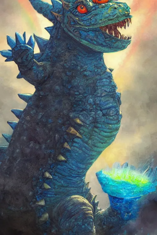 Prompt: a full body high detail fantasy portrait oil painting illustration of a tiny fat blue godzilla with a rainbow hat by justin sweet with face and body clearly visible, in a scenic background, pretty eyes, realistic proportions, d & d, rpg, forgotten realms, artstation trending, high quality, sombre mood, artstation trending, muted colours, entire person visible!