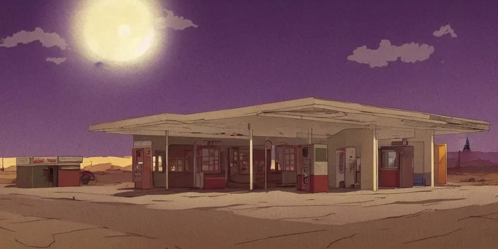 Image similar to An abandoned gas station in the desert at night, creepy and dramatic atmosphere, digital art by Studio Ghibli and Edward Hopper