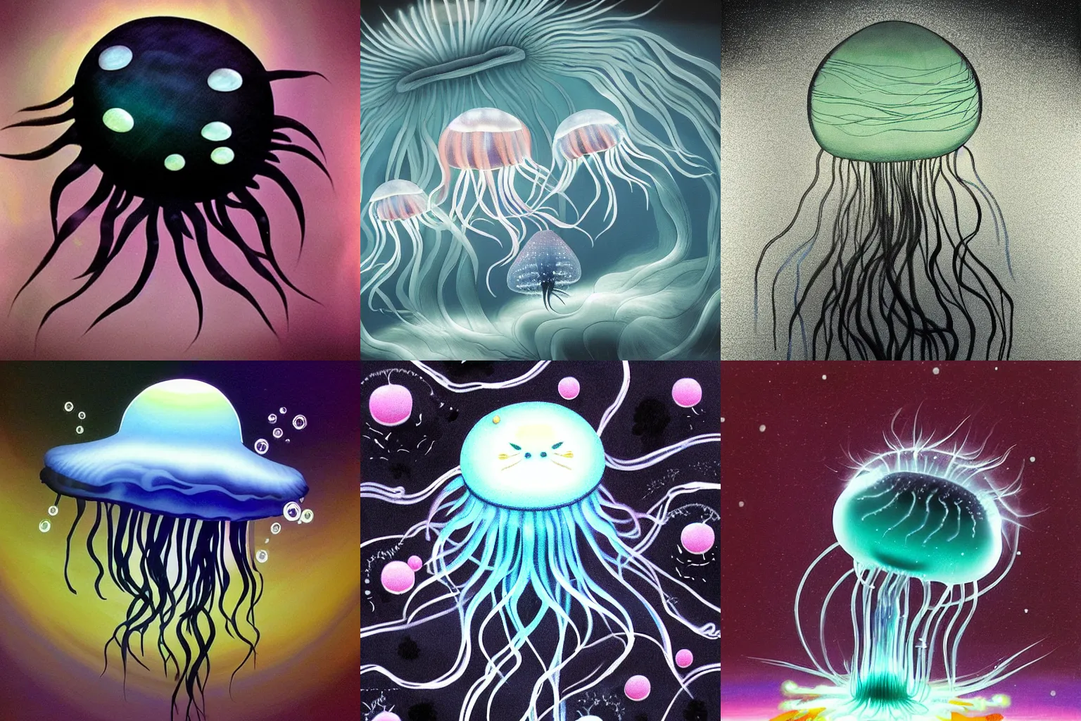 Prompt: The chibi Omnious Black Jellyfish, chiaroscuro painting by Chiho Aoshima, Yoshitomo Nara, Huang Yuxing and Aya Takano , Superflat art movement, very ethereal, oil inks, very ethereal, silver light, nacre colours, peaceful ambience