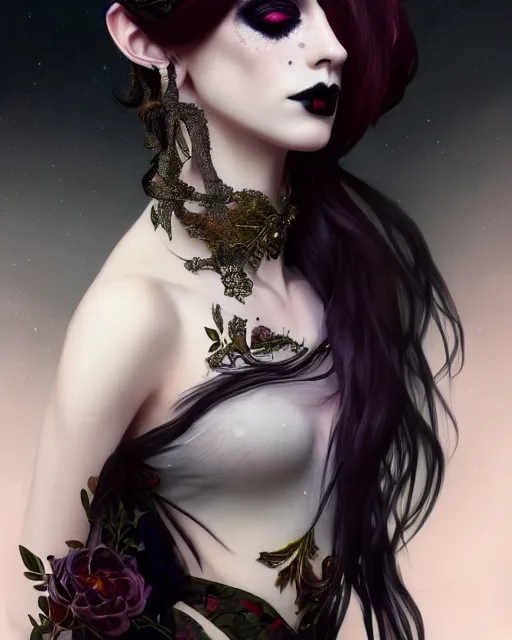 Image similar to beautiful digital painting of a stylish goth socialite forest with high detail, real life skin, freckles, 8 k, stunning detail, works by artgerm, greg rutkowski and alphonse mucha, unreal engine 5, 4 k uhd