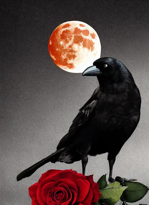 Image similar to portrait, A crow with red eyes in front of the full big moon, book cover, red roses, red white black colors, establishing shot, extremly high detail, foto realistic, cinematic lighting, pen and ink, intricate line drawings, by Yoshitaka Amano, Ruan Jia, Kentaro Miura, Artgerm, post processed, concept art, artstation, matte painting, style by eddie mendoza, raphael lacoste, alex ross