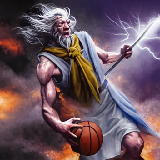 Prompt: gandalf posterizing an orc in the paint with an overpowering dunk, explosive energy, magical, camera flash