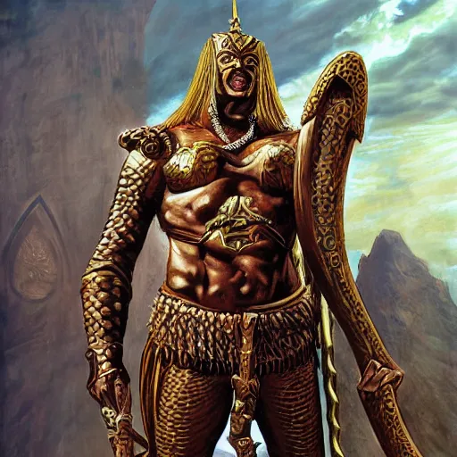 Prompt: serpent - man warlord - king, wearing glorious bronze age plate armor, horrific background, high quality, high definition, 8 k, photograph photorealistic by alex ross