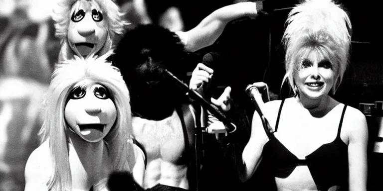 Image similar to Photorealistic Cinematography of Debbie Harry hosting The Muppet show in 1981