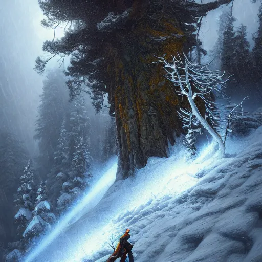 Image similar to climber, extreme cold, storm, octane rendering, volumetric lightning, hyperrealism, no blur, 4 k resolution, ultra detailed, style of ivan shishkin, tyler edlin, anato finnstark