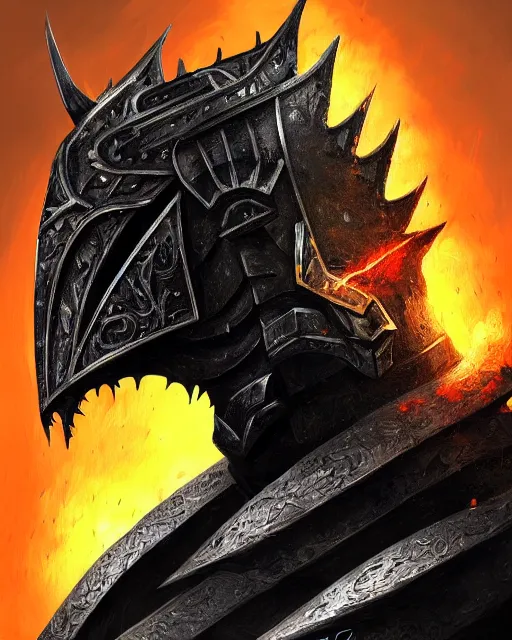 Image similar to realistic side view painting of the king of the mountain, angry, black iron armour, sword, lava, dramatic lighting, intricate, wild, highly detailed, digital painting, artstation, concept art, smooth, sharp focus, illustration