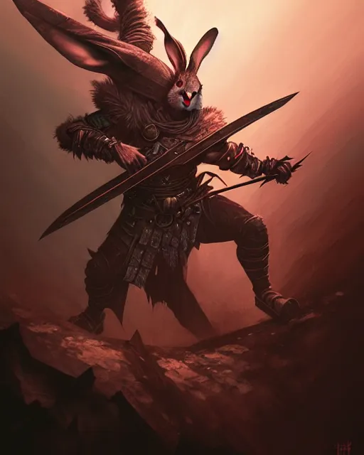 Image similar to Rabbit Warrior, evil, maniac, magic the gathering artwork, D&D, fantasy, cinematic lighting, centered, symmetrical, highly detailed, digital painting, artstation, concept art, smooth, sharp focus, illustration, volumetric lighting, epic Composition, 8k, art by Akihiko Yoshida and Greg Rutkowski and Craig Mullins, oil painting, cgsociety