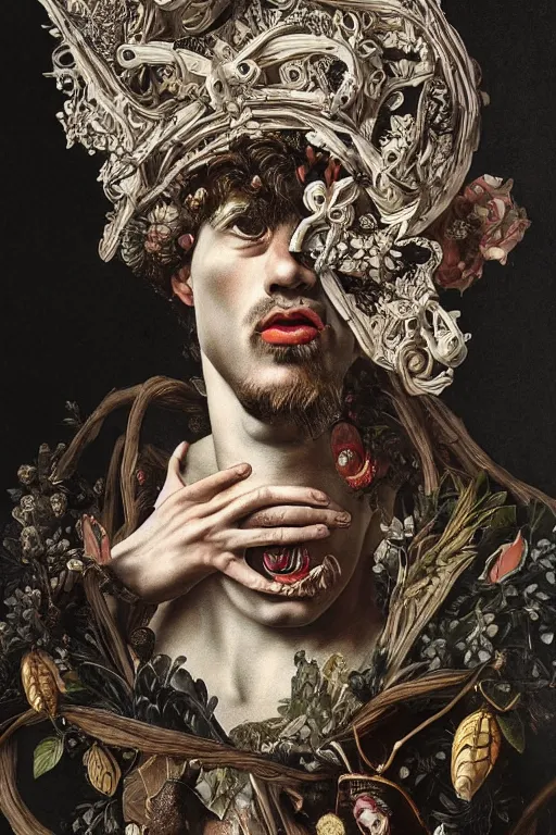 Image similar to Detailed maximalist portrait a greek god with large lips and with large white eyes, exasperated expression, botany bones, HD mixed media, 3D collage, highly detailed and intricate, surreal illustration in the style of Caravaggio, dark art, baroque