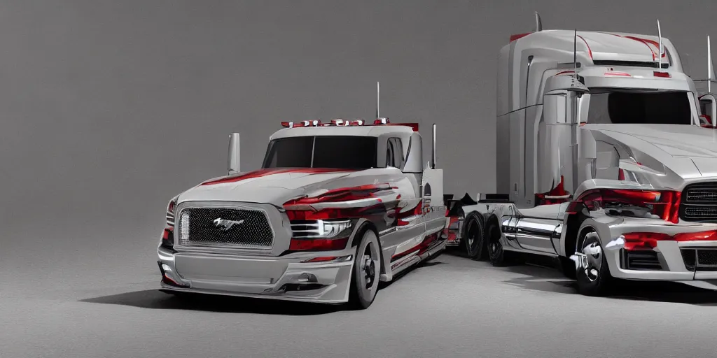 Image similar to a semi-truck with Ford Mustang GT 2021 front design. No background, concept art style.