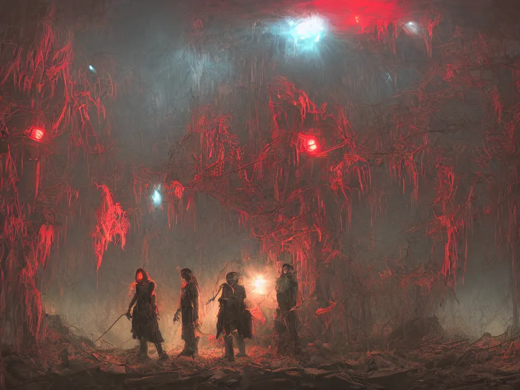 Prompt: between mystical misty swamps a renaissance style monster hunters unit in red hoods with giant dieselpunk-style walkers, armed with edged weapons. Volumetric lighting bioluminescence, plasma, neon, brimming with energy, electricity, power, Colorful Sci-Fi Steampunk, Dieselpunk Biological Living, cel-shaded, depth, particles, lots of reflective surfaces, subsurface scattering