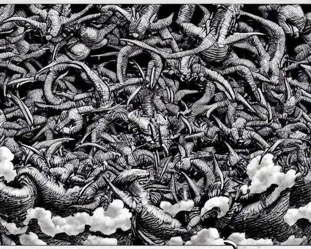 Prompt: A swarm of flying alien hippos drawn by Kentaro Miura, extremely high detail, manga, ink