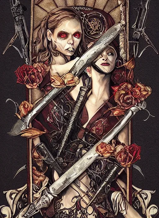 Image similar to tarot card :: horror :: vampires and draculas :: cult and clan :: hearts and roses :: gold and silver :: guns and swords :: highly details :: intricate details :: Sandra Chevrier and bastien lecouffe deharme