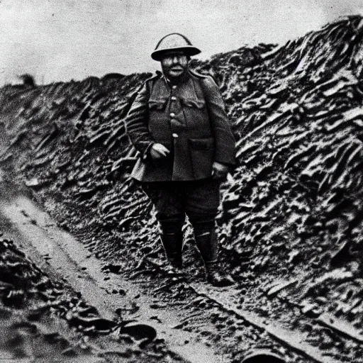 Prompt: Fat guy as a soldier, ww1 trench, war photo, film grain