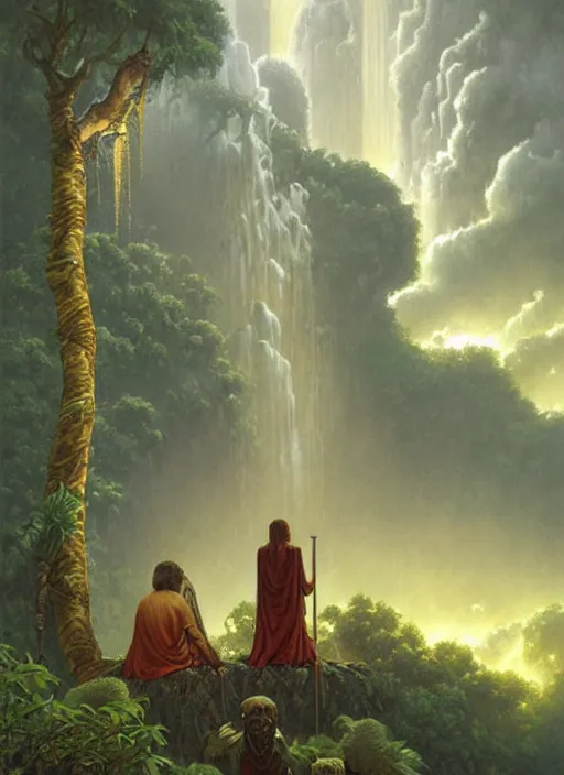 Image similar to ancestors protecting a shaman praying in the jungle, old faces in the clouds, art by christophe vacher