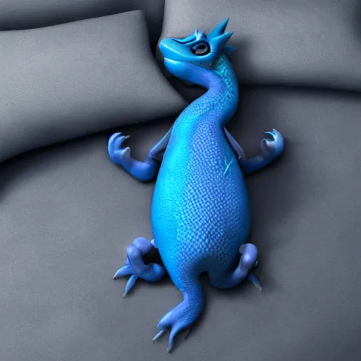 Prompt: little blue dragon, sleeping soundlly on top of a small dark blue pillow, 4k, hyper realistic, charaterdesign, artstation, unreal engine, dybamic range, nighttime, sweet dreams