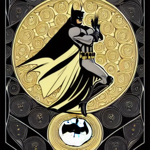 Prompt: batman, intricate, elegant, highly detailed, gold linework digital painting, smooth, sharp focus, illustration, art by alphonse mucha