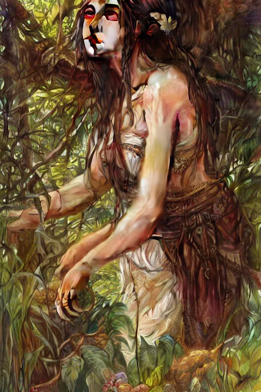 Image similar to ultra realistic illustration, bohemian spanish girl in jungle, staring directly into camera, intricate, elegant, highly detailed, digital painting, artstation, concept art, smooth, sharp focus, illustration, art by artgerm and greg rutkowski and alphonse mucha