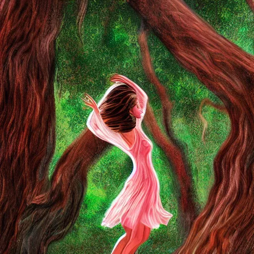 Image similar to illustration of a woman dancing near an old strong tall green persian cypress tree in wind, digital painting, artist farshchian