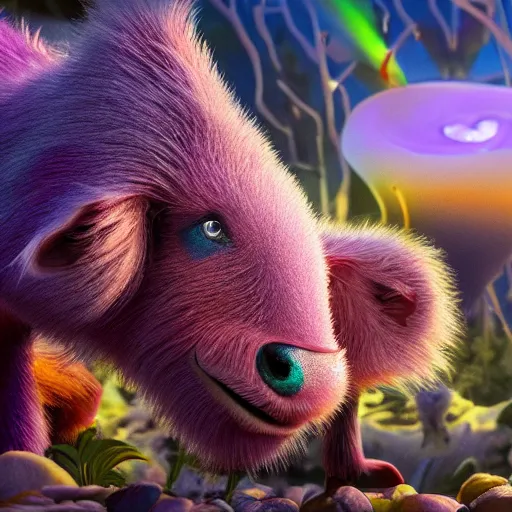 Image similar to yak, expressive eyes, floating, rbc, radiolaria, protophyta, micro - organisms, center frame, symmetric, rim light, marine microbiology, bioluminescence, electric, fur, soft, concept art, intricate details, highly detailed, colorful, photorealistic, disney pixar, octane render, iridescent, anime