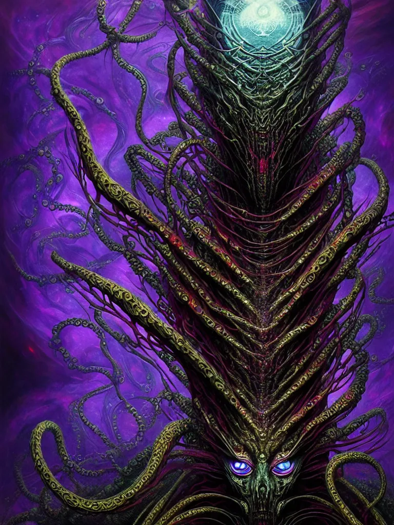 Image similar to depicting a wrathful technological nightmare monster god, in the style of h. p. lovecraft, exuberant organic elegant forms, by karol bak and filip hodas : : 1. 4 purple, red, blue, green, black intricate mandala explosions : : intuit art : : turbulent water backdrop : : damask wallpaper : : atmospheric