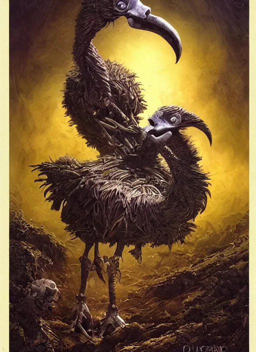 Image similar to the dodo, death tarot card, highly detailed, half skull face, cinematic, 8 k, by megan duncanson, benjamin lacombe, adrian borda, stanley artgermm, tom bagshaw, craig mullins, carne griffiths, ayami kojima, beksinski, giger, trending on deviantart, hyper detailed, horror, full of colour