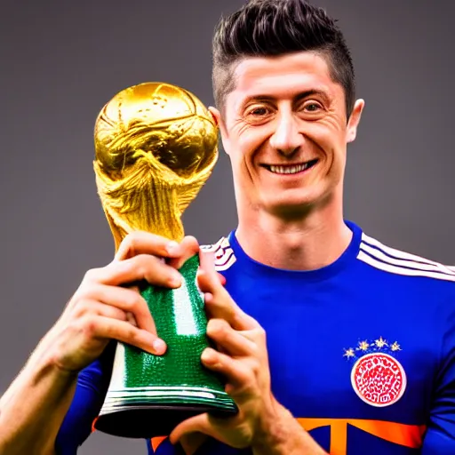 Image similar to portrait of Robert Lewandowski holding World Cup trophy, 4k, hq, high details, natural light, perfect quality, professional photography, award winning photo