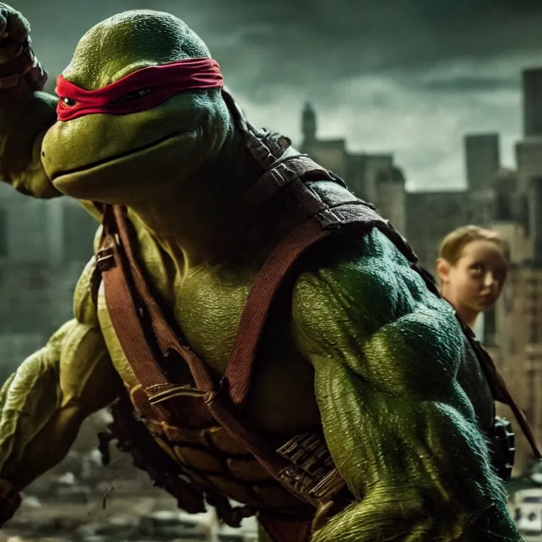 Image similar to hyper realistic teenage mutant ninja turtle movie still, gritty, realistic, noir, fight scene,