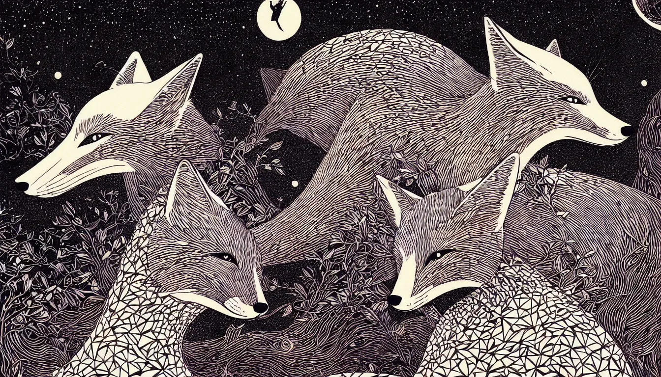 Image similar to fox by woodblock print, nicolas delort, moebius, victo ngai, josan gonzalez, kilian eng