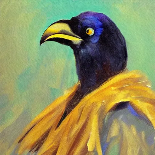 Image similar to impressionist oil painting of a very attractive raven bird wearing a hair bow and necklace