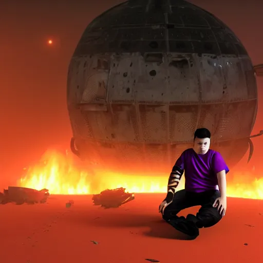 Image similar to photo of an overweight depressed teenager with emo haircut wearing gothy purple and black spandex suit, sitting next to smashed burning spacecraft wreckage, on the orange surface of mars, Trending on artstation, octane render, cinematic lighting, hyper realism, photorealistic, octane render, 8k, depth of field, 3D