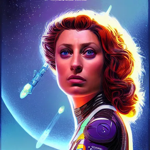 Image similar to Aly Michalka as a stunning , beautiful retro SCI-FI space heroine 1985 , movie poster, intricate, elegant, highly detailed, centered, digital painting, trending on artstation, concept art, smooth, sharp focus, illustration, art by raphael lacoste ,eddie mendoza ,alex ross, WLOP