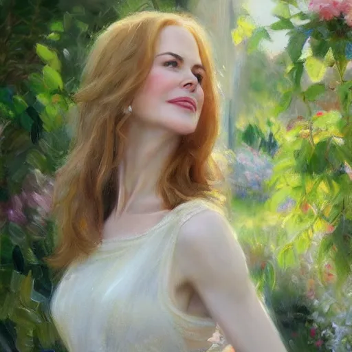 Image similar to closeup portrait of nicole kidman full figure in the garden, morning, highly detailed, ultrarealistic oil painting, vladimir volegov, artstation