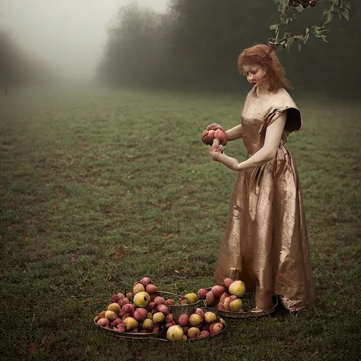Prompt: a closeup portrait of a woman wearing a metal plate dress made of iron and copper, picking apples from a tree in an orchard, foggy, moody, photograph, by vincent desiderio, canon eos c 3 0 0, ƒ 1. 8, 3 5 mm, 8 k, medium - format print