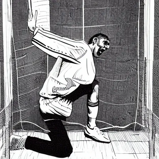 Image similar to a man on his knees crying, a soccer goal behind him, a soccer ball by his side. Epic portrait by james gurney and mœbius.