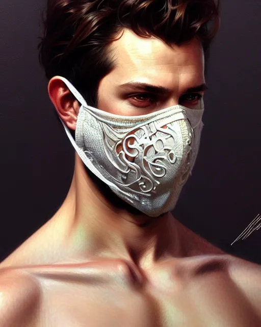 Image similar to ultra realistic illustration, a male with fabric mask, intricate, elegant, highly detailed, digital painting, artstation, concept art, smooth, sharp focus, illustration, art by artgerm and greg rutkowski and alphonse mucha