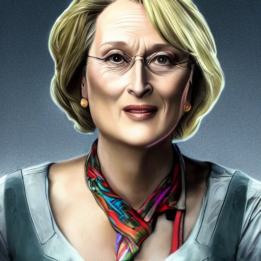 Image similar to meryl streep portrait, borderlands, tales from the borderlands, the wolf among us, comic, cinematic lighting, studio quality, 8 k