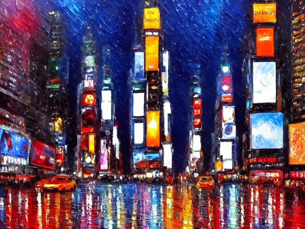 Prompt: Times Square on a rainy night, street perspective, oil painting, in the style of Claude Monet, Impressionism, thick brush strokes, vivid colors, breathtaking, masterpiece