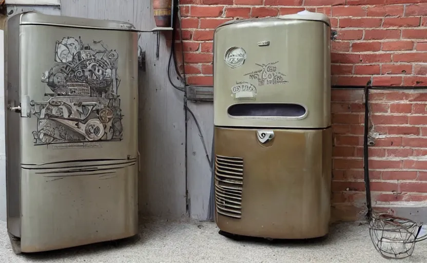 Prompt: a steampunk mid century retro refrigerator running in the boston marathon