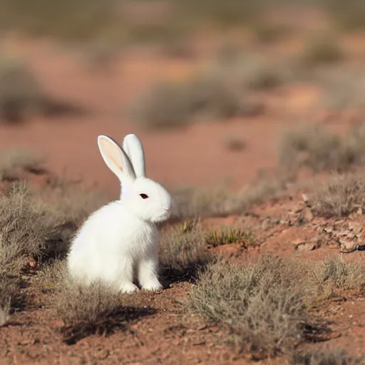 Prompt: photo of a white bunny with black spots on face and nose, in the Texas desert, cactus, desert mountains, big bend, 50mm, beautiful photo,