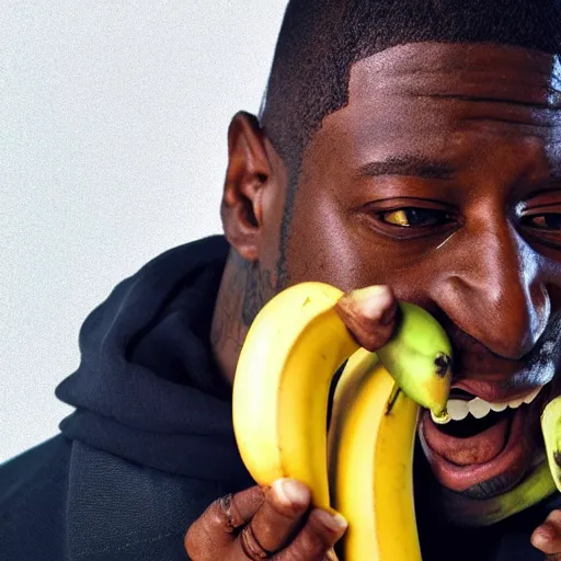 Image similar to angry gucci mane eating bananas in the hood, 8k resolution, full HD, cinematic lighting, award winning, anatomically correct